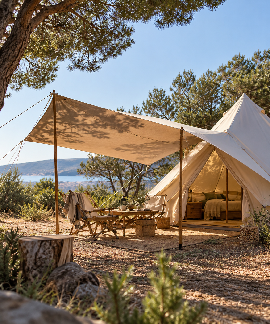 Campement en plein air avec tente et abri
