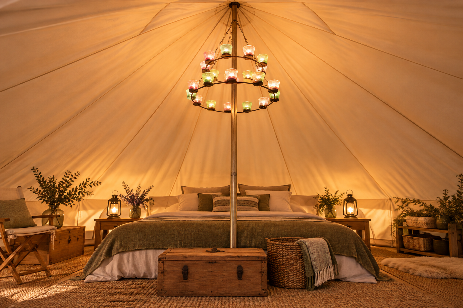 Intérieur de tente glamping aménagé avec chandelier et accessoires